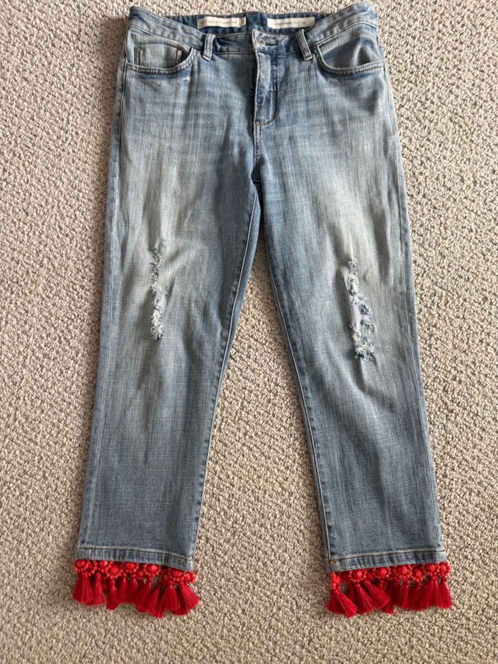 Anthropologie Pilcro and Letterman slim cropped boyfriend Jeans with Red Tassels